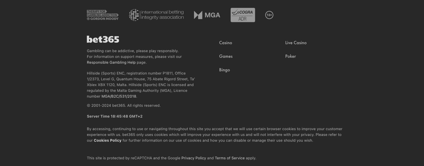 bet365 website footer
