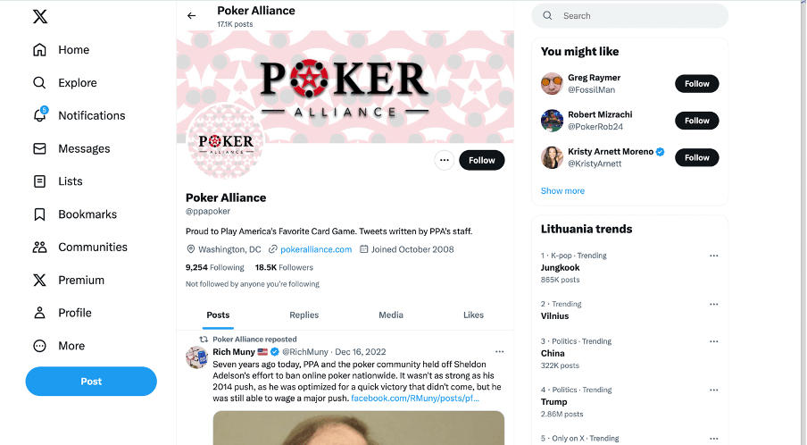 a webpage of poker player alliance