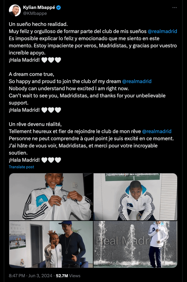 Mbappe Instagram post announcing his real madrid transfer