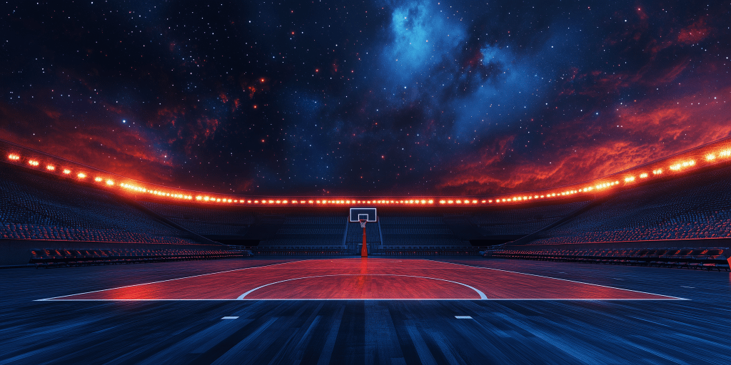 A futuristic basketball arena under a starry night sky. The court is illuminated by bright red-orange stadium lights, contrasting with the deep blue and black tones of the sky. The arena appears vast and empty, creating a dramatic and immersive atmosphere.