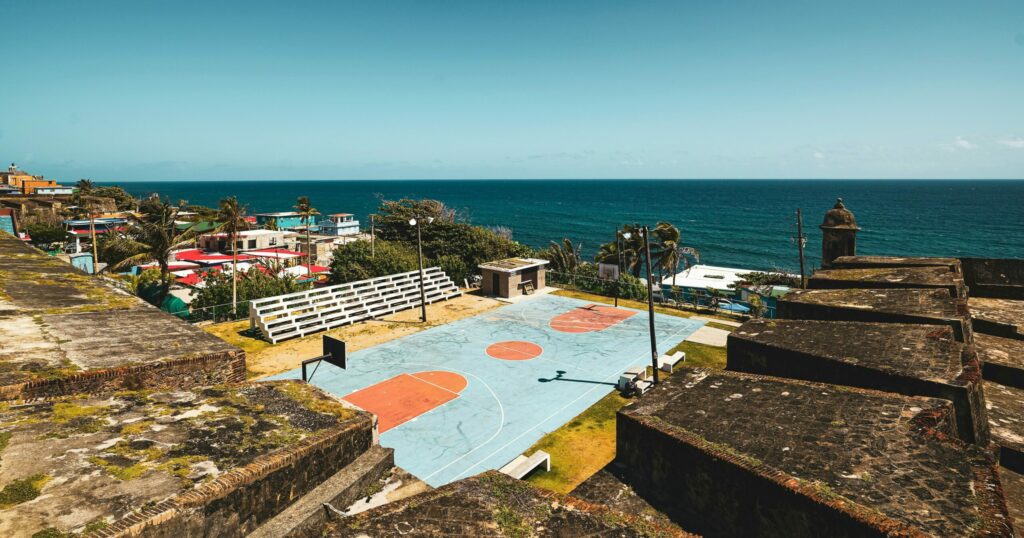 Basketball court in the outside near the coast