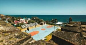 Basketball court in the outside near the coast