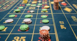 Craps table with multiple chips on it