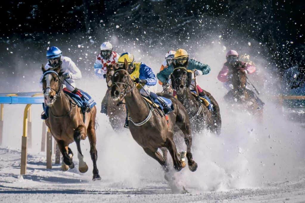 Multiple horses racing on the field